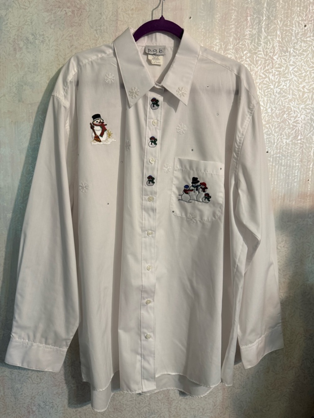 Vintage p.g.b. White Button-Down Shirt Embroidered Snowman With Sparkly 1X‎